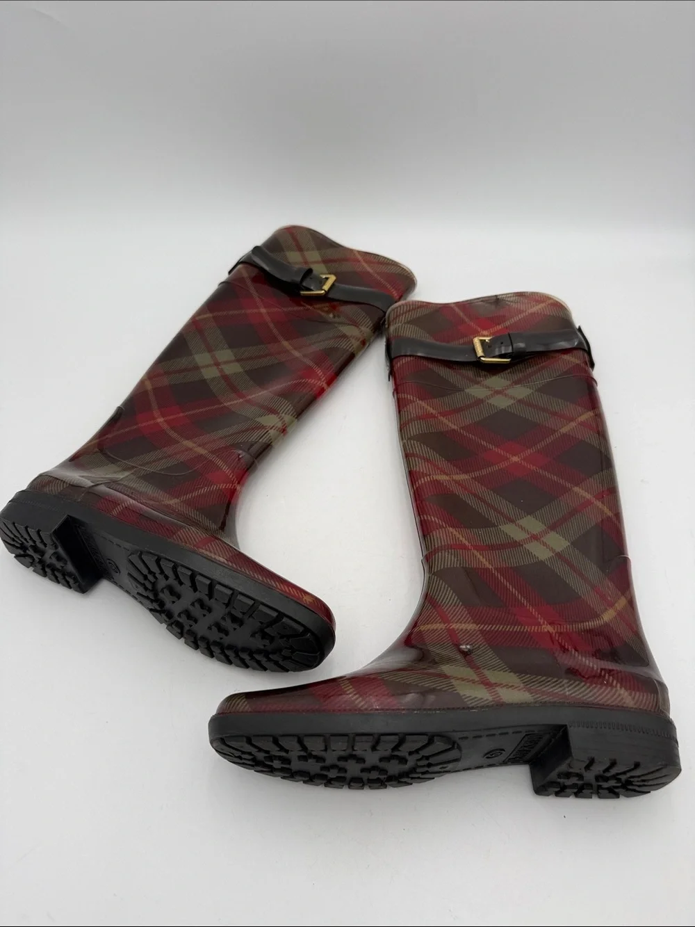 Lauren Ralph Lauren Red Plaid Tall Rain Boots women 6  Black Strap outdoor